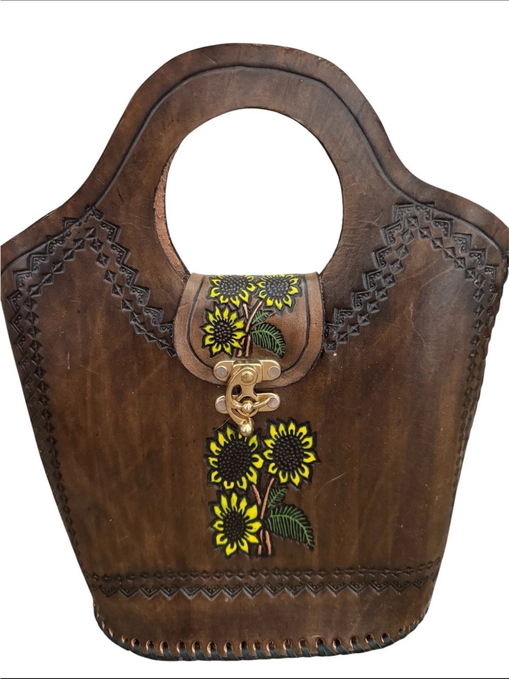 Vintage 1970s Sunflower Hippie Brown Embossed LeatherCottagecore Top Handle Bag